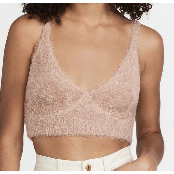 New Jonathan Simkhai Top Medium Pink Caroline Feathered Faux Fur Rib Bra - Picture 2 of 7